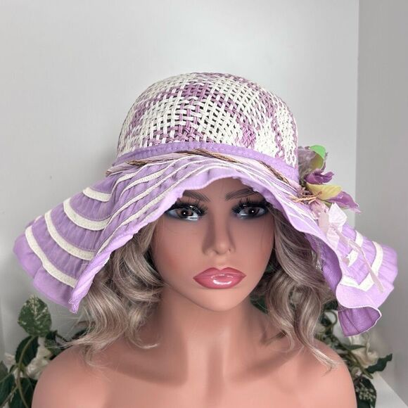Vintage Women’s One Size Lilac And White Floppy Flower Detail Straw Derby Hat - Picture 7 of 11